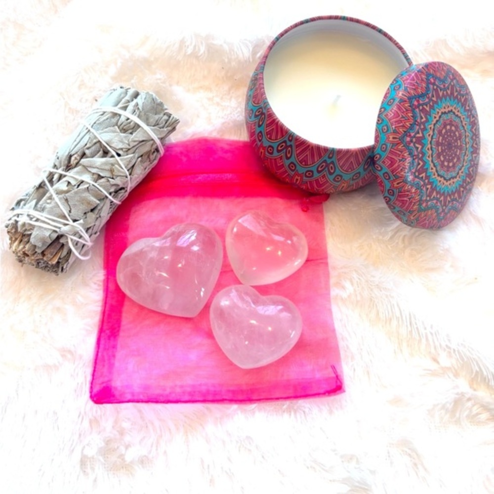 ✨ Spiritual Cleansing Gift Set – Rose Quartz Hearts, Sage, Mint Soy Candle | New - Picture 1 of 2